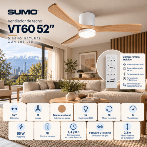 Ventilador de techo Sumo VT60 Blanco Led 52" 3 Aspas de madera natural