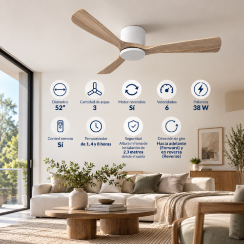 Ventilador de techo Sumo VT50 Blanco 52" 3 Aspas de madera natural